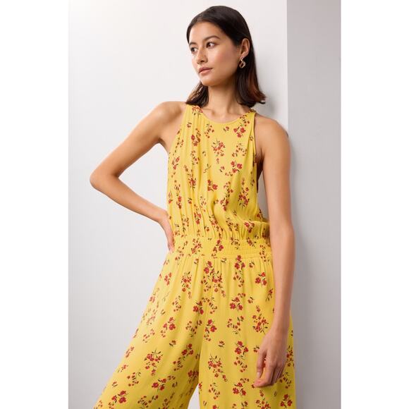 Thakoon‎ Floral Jumpsuit Yellow Smocked Waist Wide Leg Sleeveless Sz 4 - Picture 4 of 14